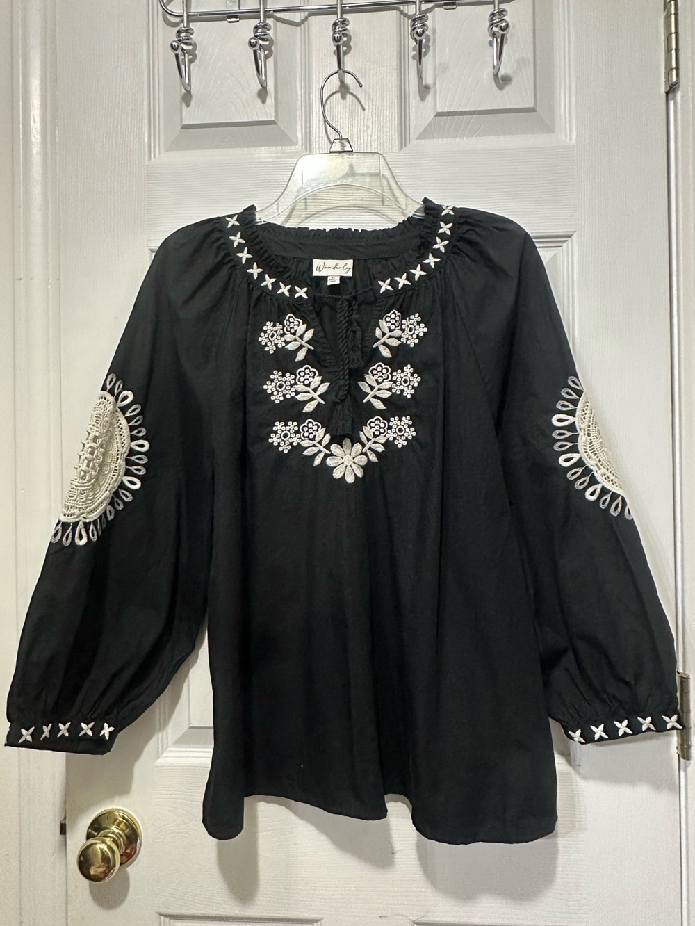 Wonderly Black Peasant Tunic with White Floral Embroidery